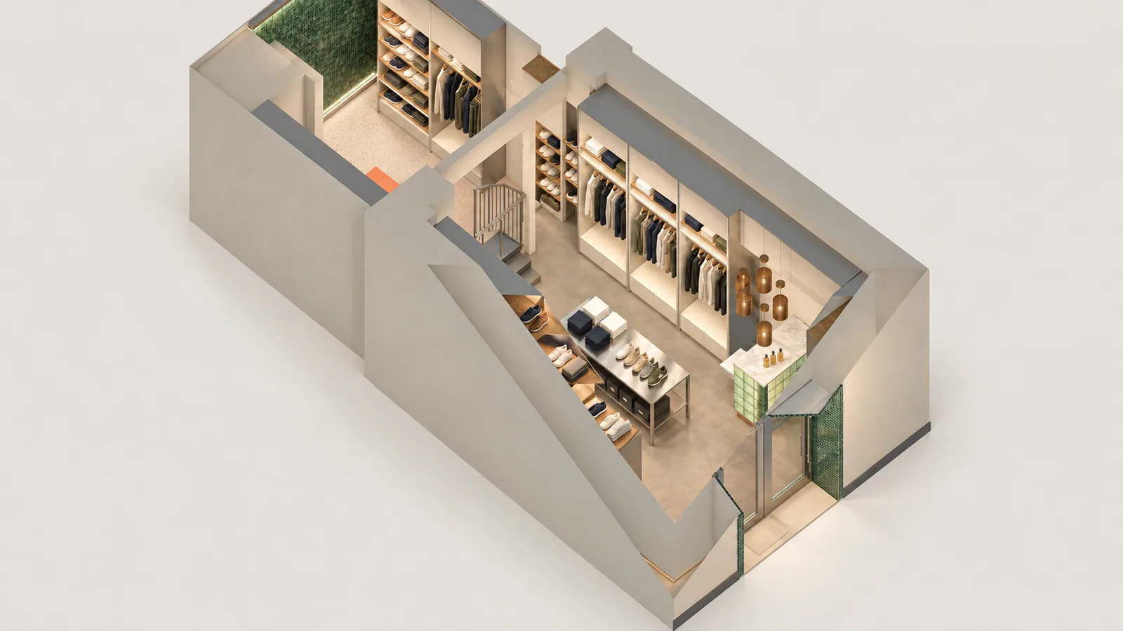 Axonométrie écorchée des deux niveaux de la boutique : salle haute, salle basse, façade