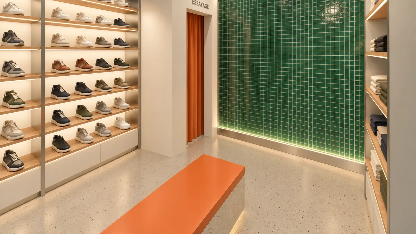 Banc d'essayage orange devant le mur de sneakers, en salle basse