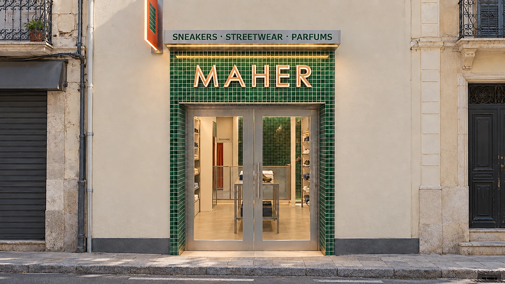 Vue de côté de la façade de la boutique MAHER, de jour : portail de zellige vert, nom en lettres d'inox, marquise et drapeau orange