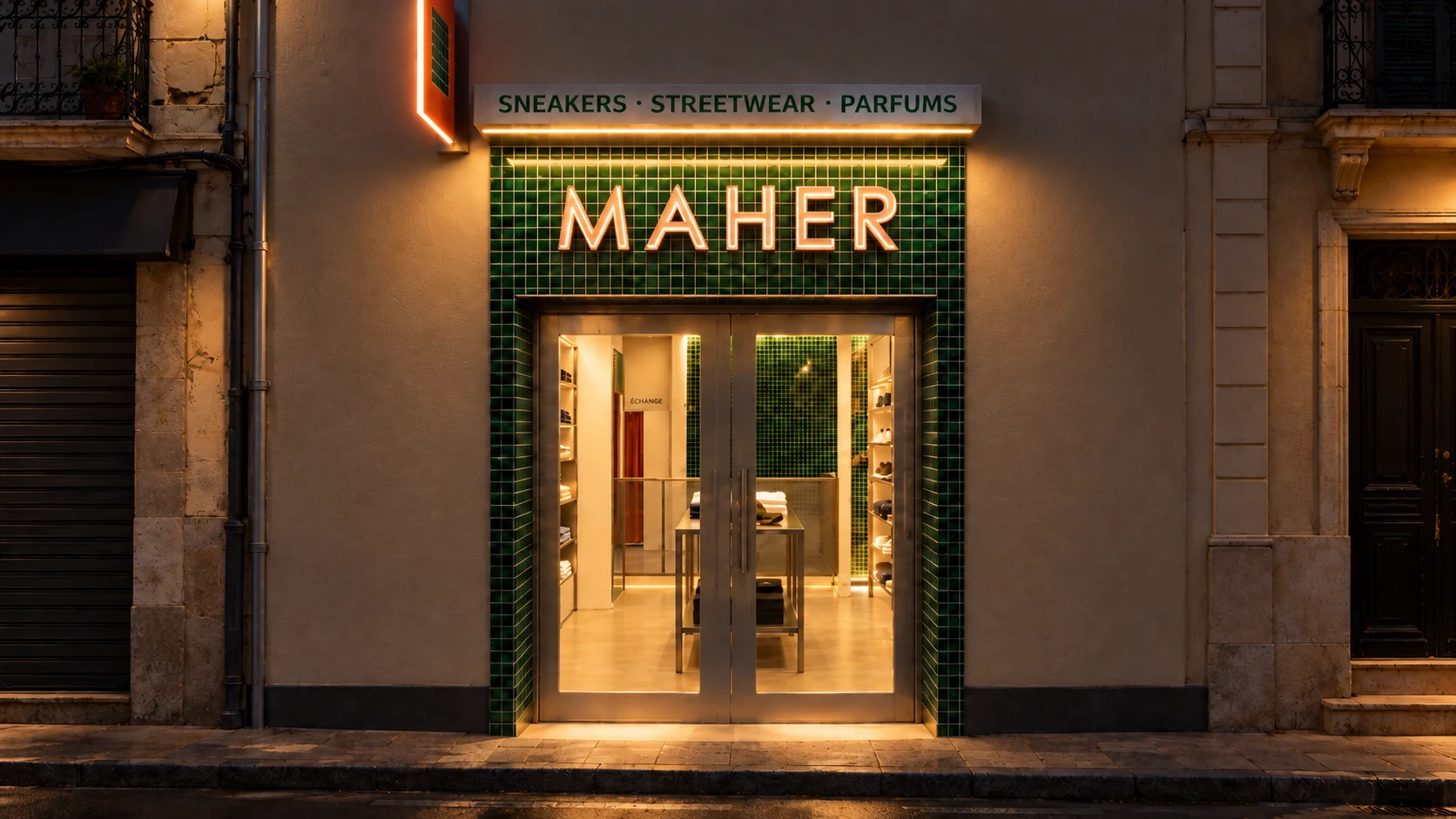 MAHER — façade de nuit, boutique de sneakers habillée de zellige vert