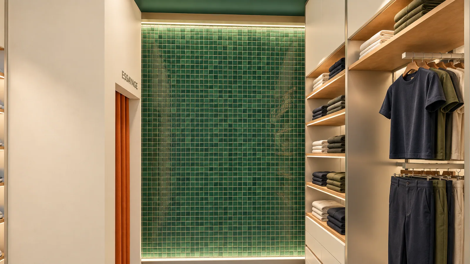 Salle basse : grand mur de zellige vert émaillé au fond, sous un plafond laqué vert