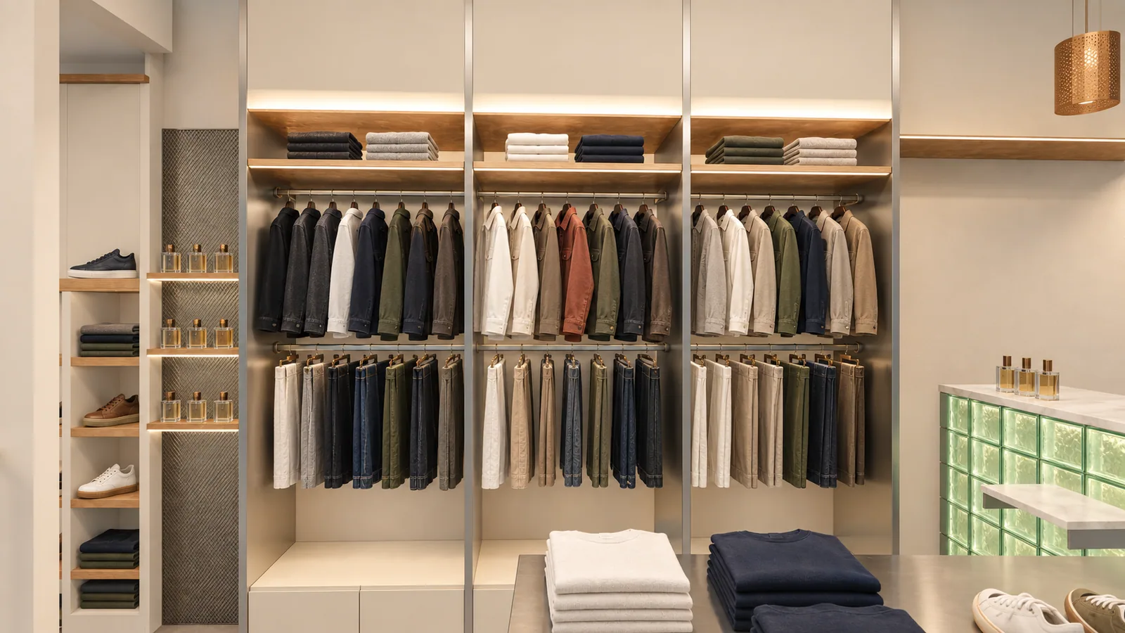 Salle haute, mur ouest et portants de vêtements rangés par couleur