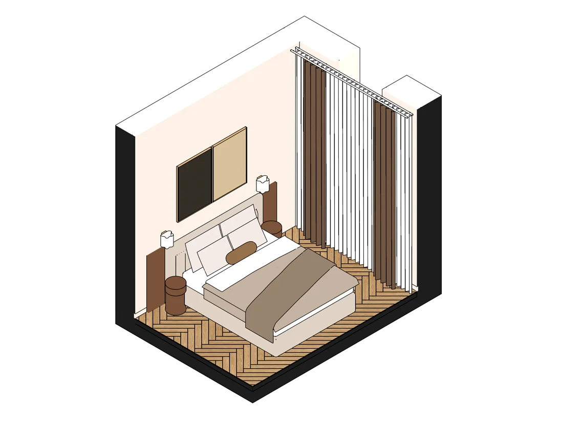 Axonométrie : Chambre. Le lit, ses appliques, le diptyque et la fenêtre sur rue.