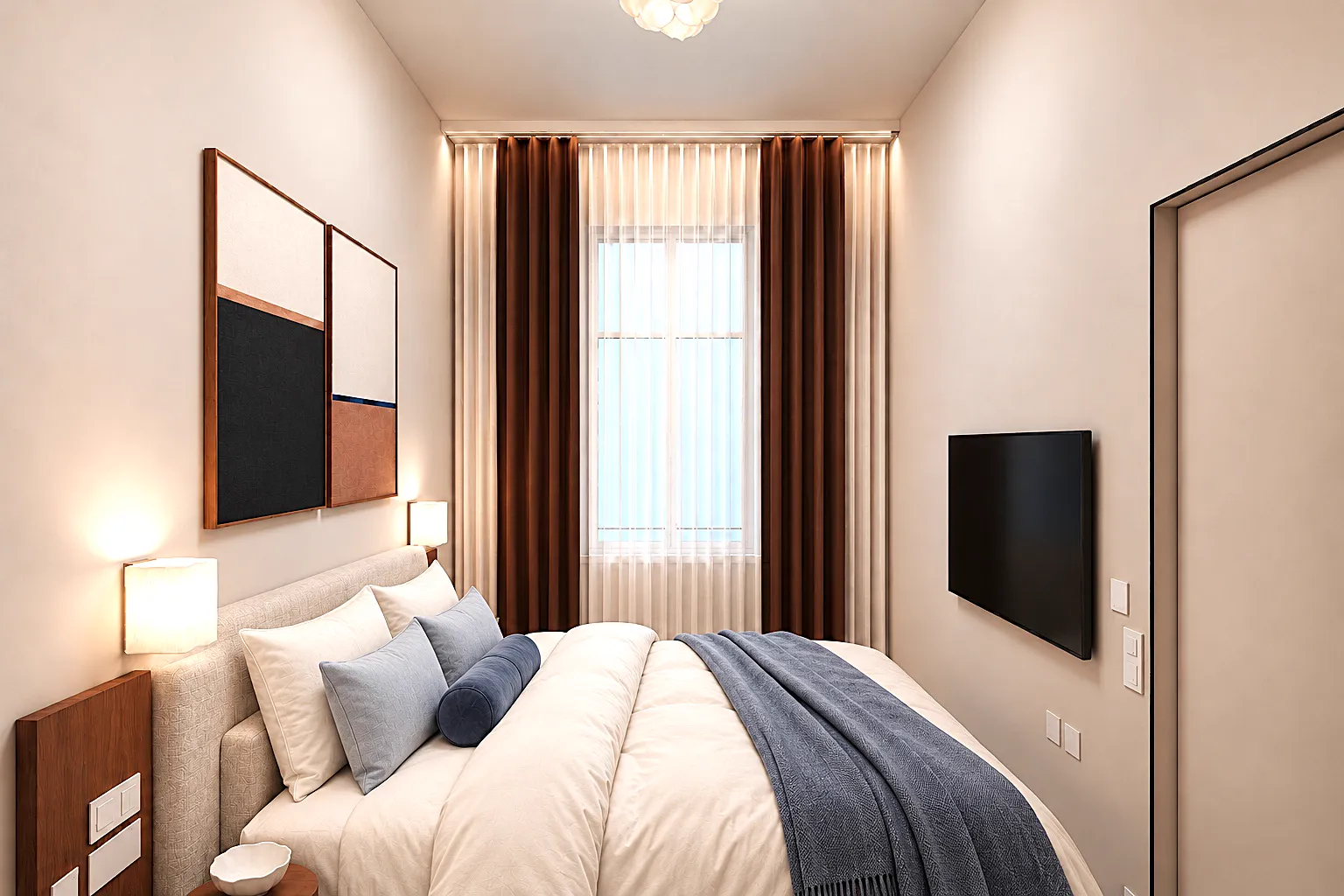 La chambre vers la fenêtre sur rue, rideaux de lin chocolat, image de conception