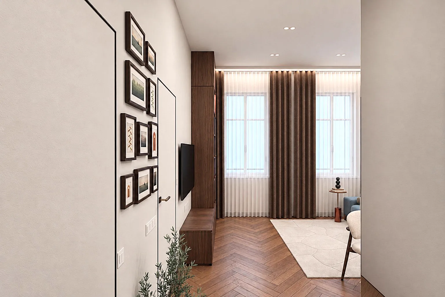 Depuis l’entrée, la pièce de vie s’ouvre jusqu’aux fenêtres sur rue, image de conception