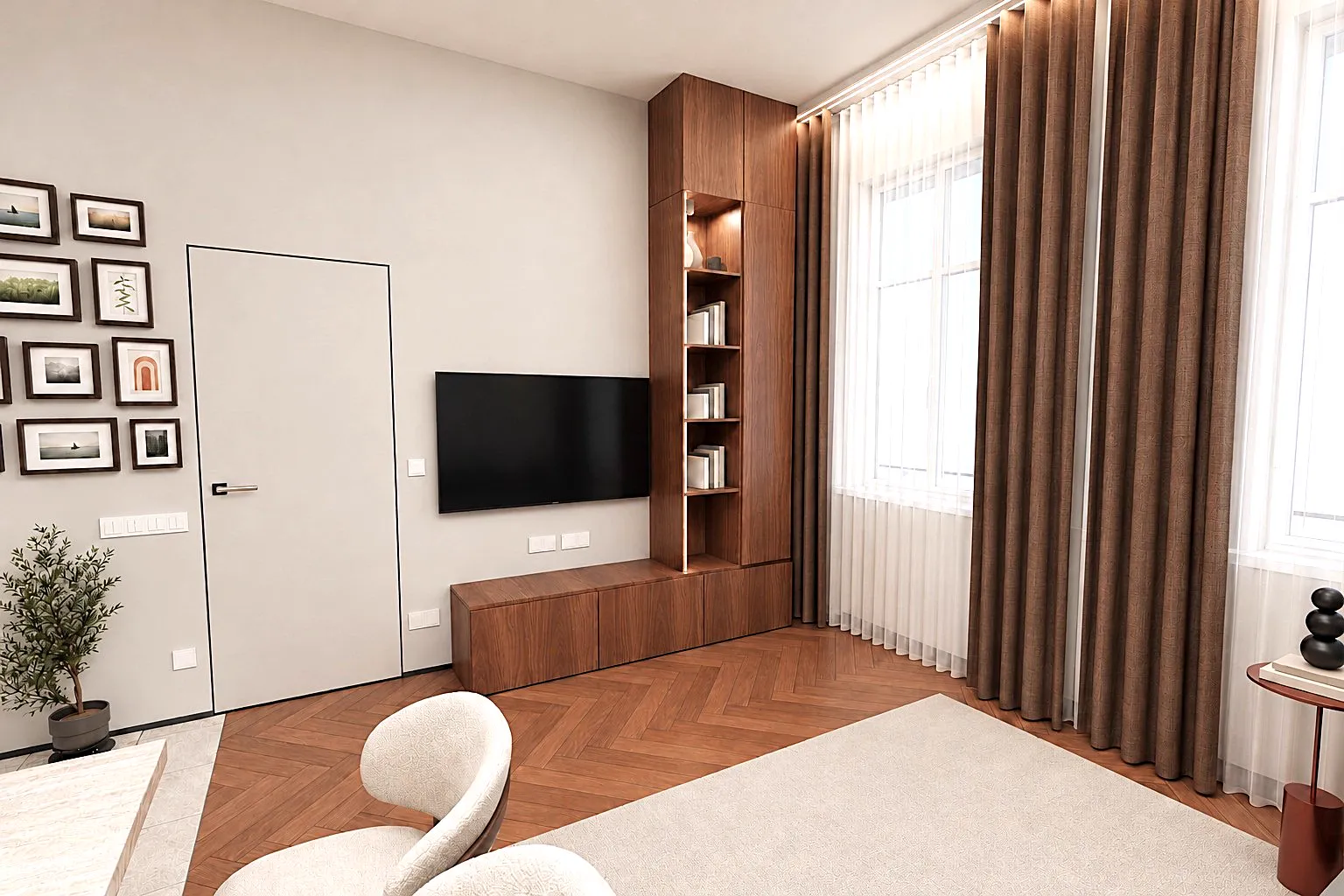 Le mur de noyer du séjour qui encadre la télévision, image de conception